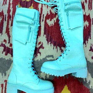 Sugar Thrillz Pastel Knee High Pocket Combat Boots Teal Size 10 NEW ST20-590